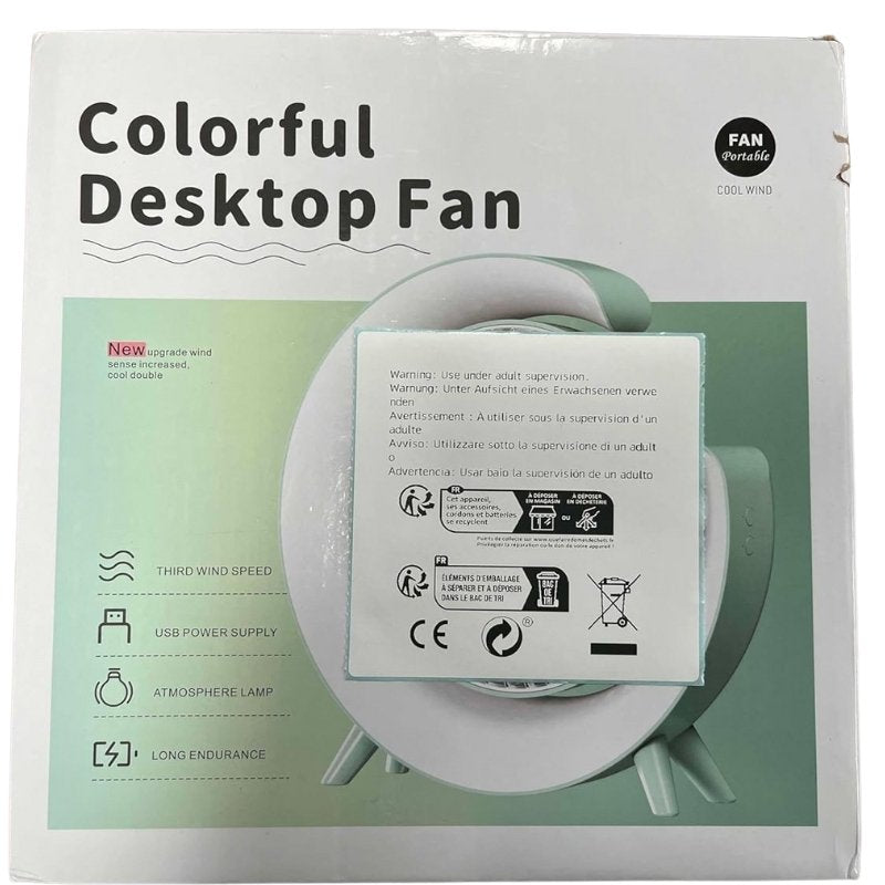 Colorful USB Rechargeable Desktop Fan | Silent Cooling, LED Ambient Light, 3-Speed Rotation