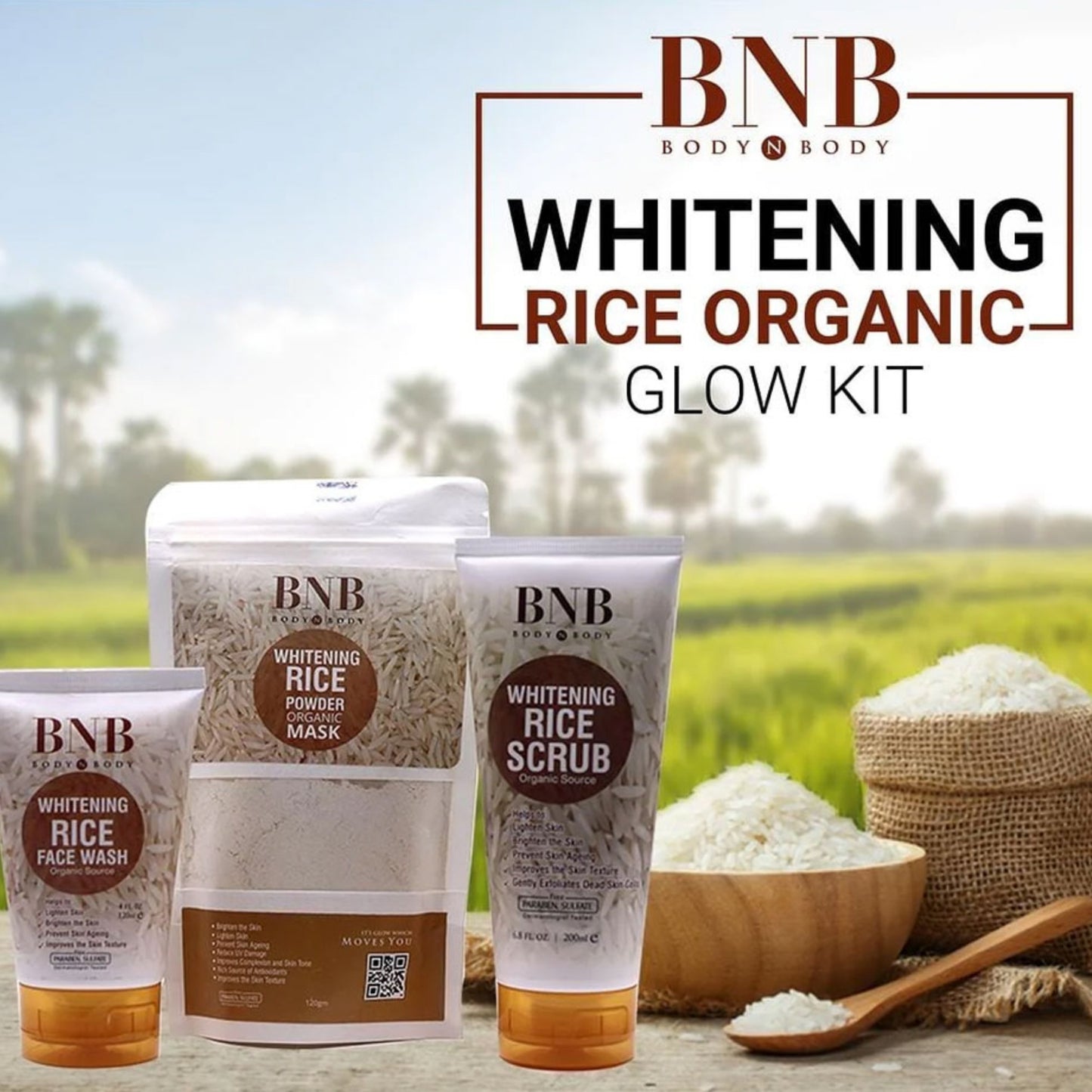 BNB Rice Extract Bright & Glow Facial Kit | 3-in-1 Whitening, Brightening & Hydrating Skincare