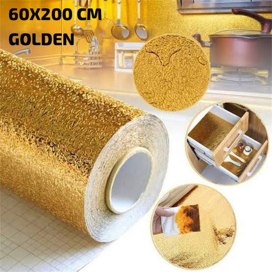 Golden Foil Kitchen Wallpaper Sticker (60*200 cm) | Peel & Stick Aluminum Foil Wallpaper | Self-Adhesive, Oil-Proof, and Waterproof for Kitchen Decor