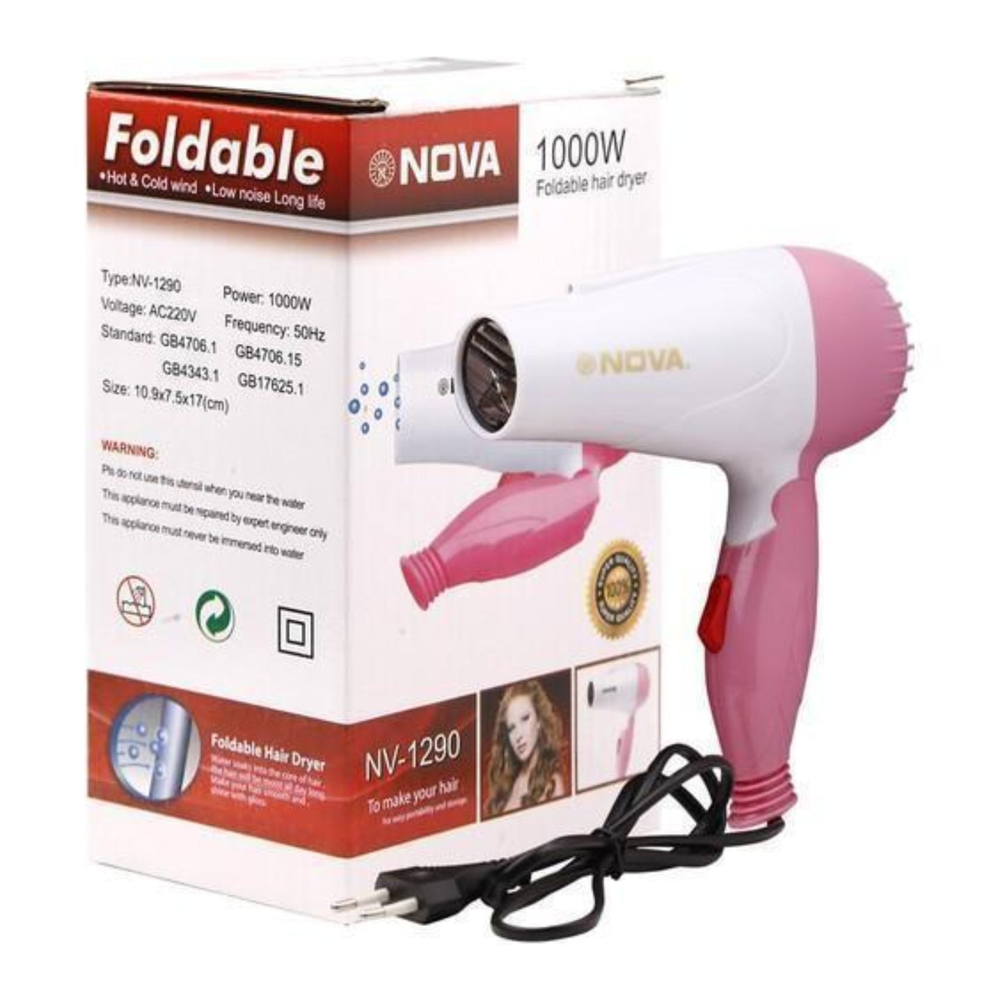 Nova NV-1290 Foldable Hair Dryer | 1000W Hot Air Styling &amp; Quick Drying MachineSKU:&nbsp;Pe-49-00-00-496